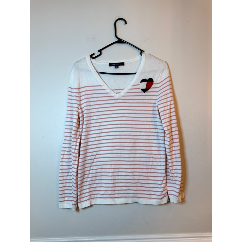 Tommy Hilfiger Sweater Women Medium Pink White Striped Heart V-Neck Long Sleeve